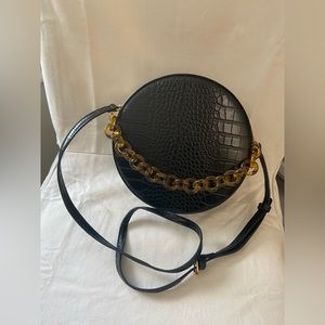 Madison West Black Croc-Embossed Round Crossbody with Tortoiseshell Chain